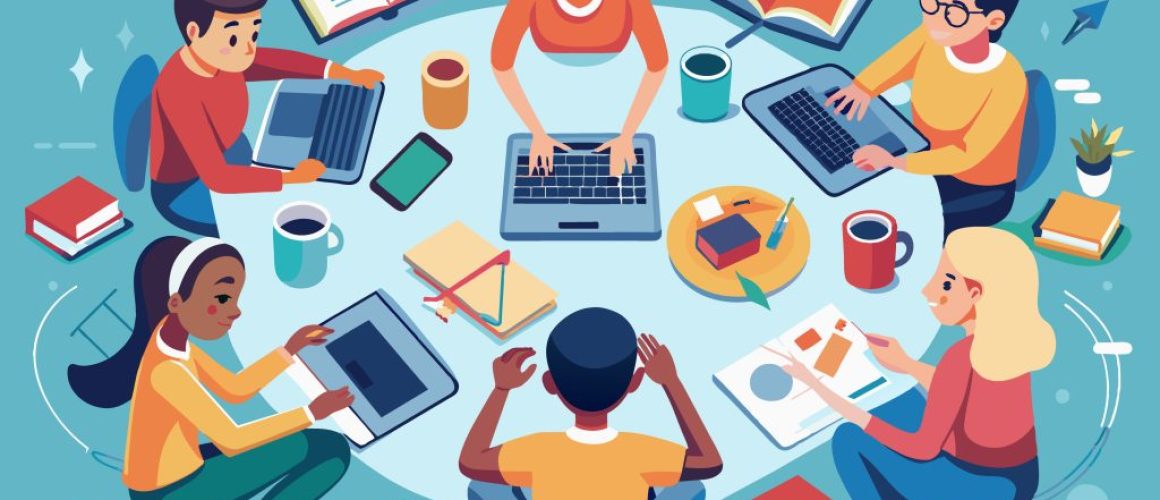 A group of diverse students, both male and female, work on lapto